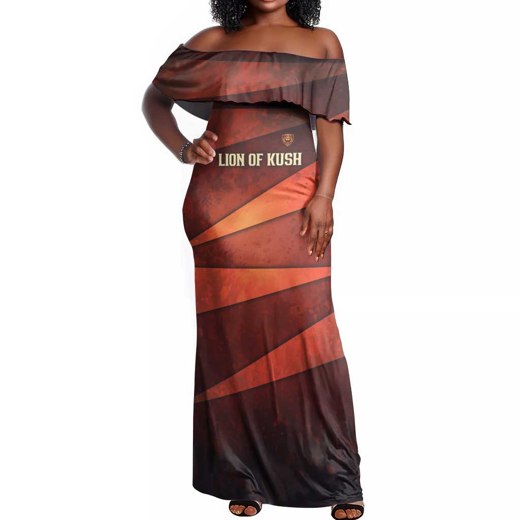 Taharqa Off Shoulder Maxi Dress with Warrior Portrait, Lion of Kush Title and Bold Red Defender of Africa - African Pride