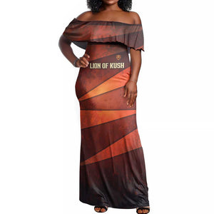Taharqa Off Shoulder Maxi Dress with Warrior Portrait, Lion of Kush Title and Bold Red Defender of Africa - African Pride