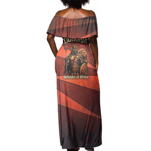 Taharqa Off Shoulder Maxi Dress with Warrior Portrait, Lion of Kush Title and Bold Red Defender of Africa - African Pride