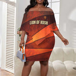 Taharqa Off Shoulder Short Dress with Warrior Portrait, Lion of Kush Title and Bold Red Defender of Africa - African Pride