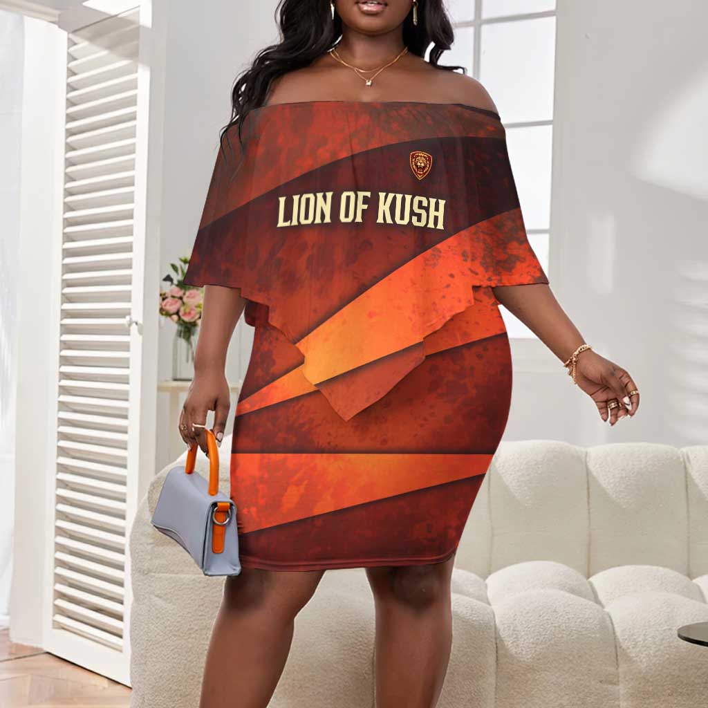 Taharqa Off Shoulder Short Dress with Warrior Portrait, Lion of Kush Title and Bold Red Defender of Africa - African Pride