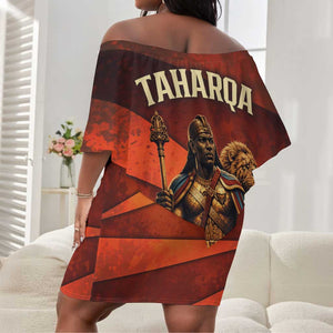 Taharqa Off Shoulder Short Dress with Warrior Portrait, Lion of Kush Title and Bold Red Defender of Africa - African Pride