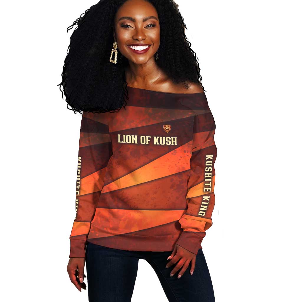 Taharqa Off Shoulder Sweater with Warrior Portrait, Lion of Kush Title and Bold Red Defender of Africa - African Pride
