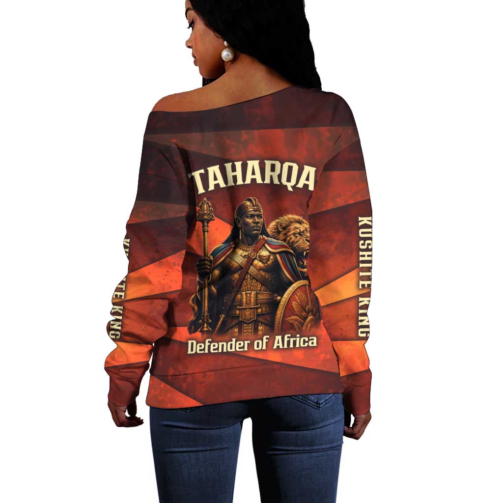 Taharqa Off Shoulder Sweater with Warrior Portrait, Lion of Kush Title and Bold Red Defender of Africa - African Pride