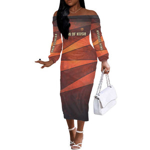 Taharqa Off The Shoulder Long Sleeve Dress with Warrior Portrait, Lion of Kush Title and Bold Red Defender of Africa - African Pride