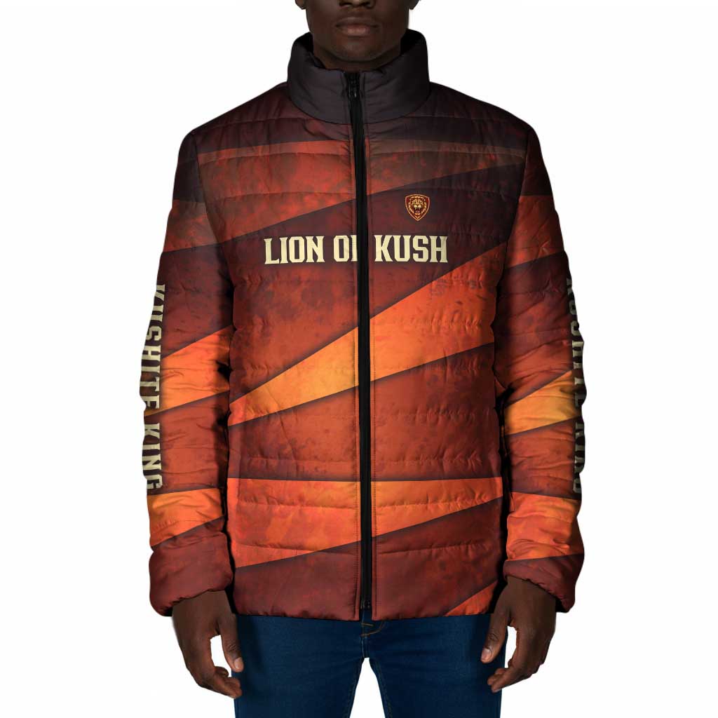 Taharqa Padded Jacket with Warrior Portrait, Lion of Kush Title and Bold Red Defender of Africa - African Pride