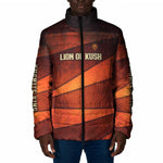Taharqa Padded Jacket with Warrior Portrait, Lion of Kush Title and Bold Red Defender of Africa - African Pride