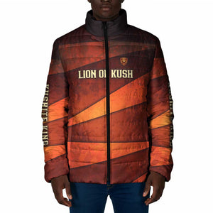 Taharqa Padded Jacket with Warrior Portrait, Lion of Kush Title and Bold Red Defender of Africa - African Pride
