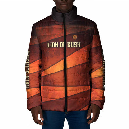 Taharqa Padded Jacket with Warrior Portrait, Lion of Kush Title and Bold Red Defender of Africa - African Pride