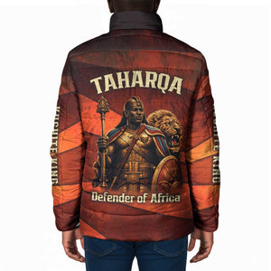 Taharqa Padded Jacket with Warrior Portrait, Lion of Kush Title and Bold Red Defender of Africa - African Pride