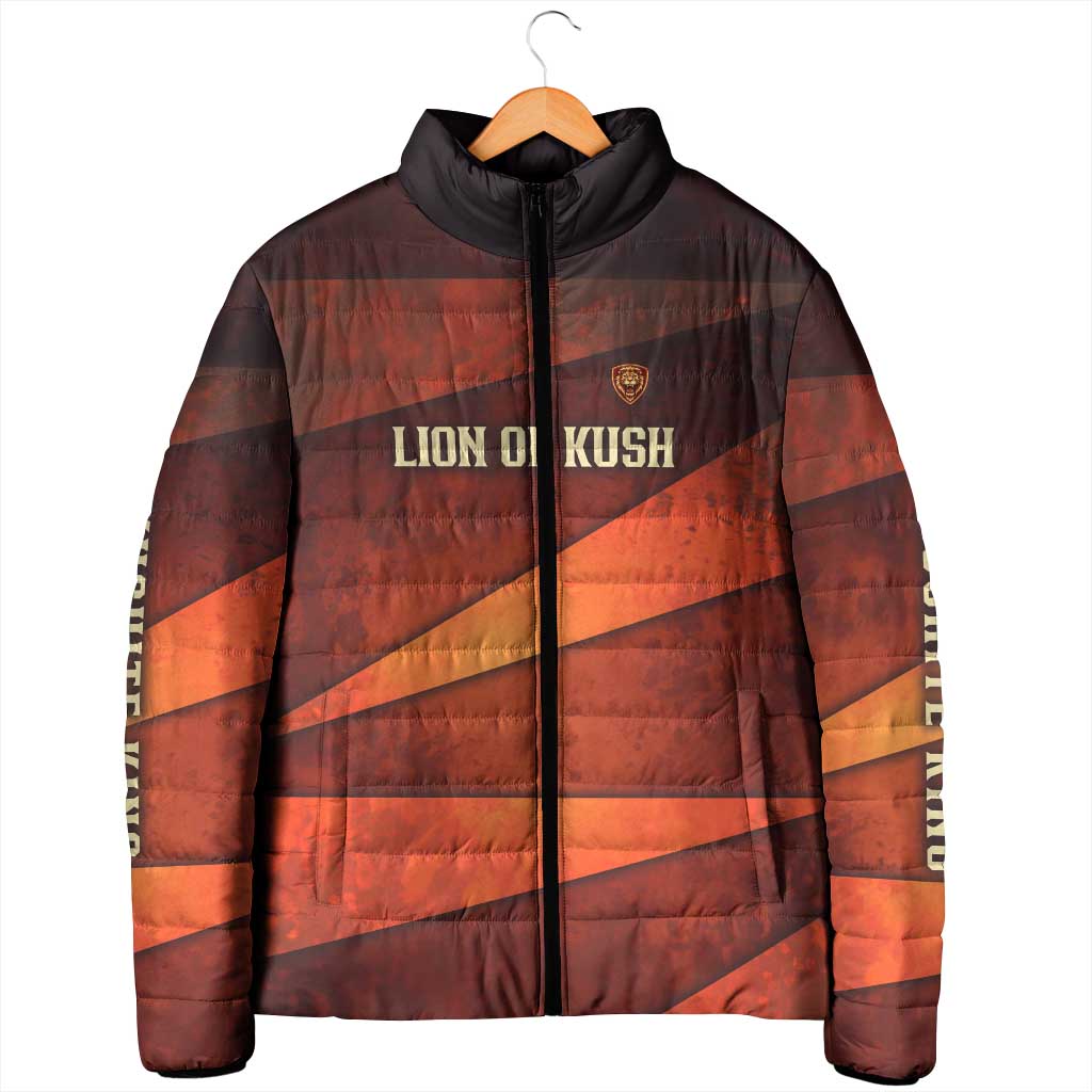 Taharqa Padded Jacket with Warrior Portrait, Lion of Kush Title and Bold Red Defender of Africa - African Pride
