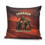 Taharqa Pillow Cover with Warrior Portrait, Lion of Kush Title and Bold Red Defender of Africa - African Pride