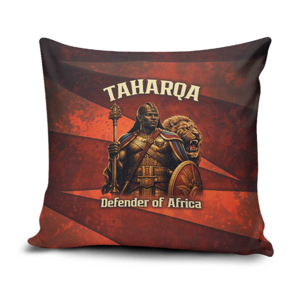 Taharqa Pillow Cover with Warrior Portrait, Lion of Kush Title and Bold Red Defender of Africa - African Pride