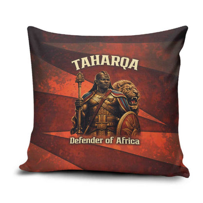 Taharqa Pillow Cover with Warrior Portrait, Lion of Kush Title and Bold Red Defender of Africa - African Pride