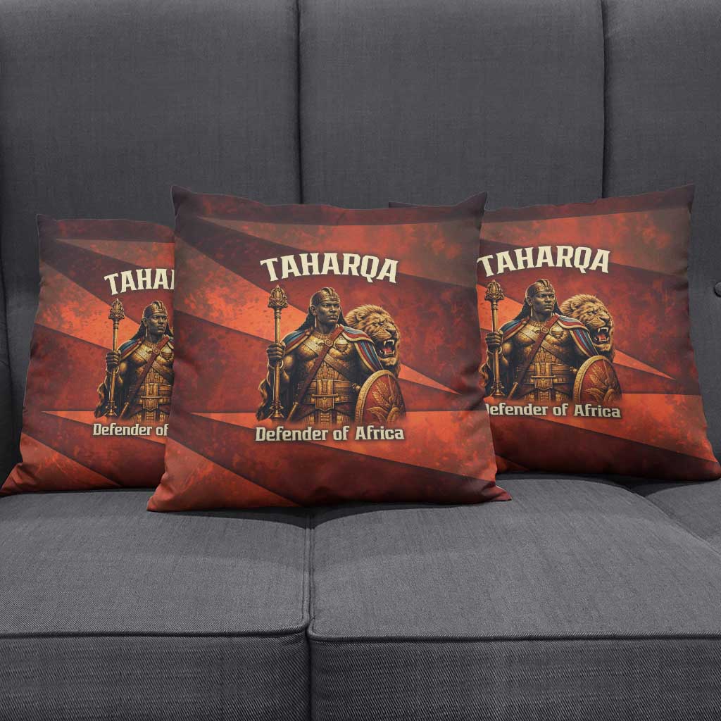 Taharqa Pillow Cover with Warrior Portrait, Lion of Kush Title and Bold Red Defender of Africa - African Pride