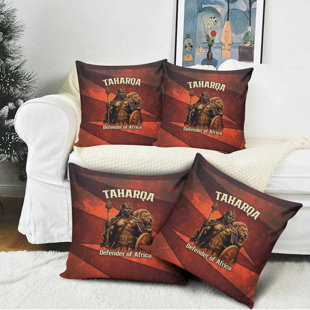Taharqa Pillow Cover with Warrior Portrait, Lion of Kush Title and Bold Red Defender of Africa - African Pride