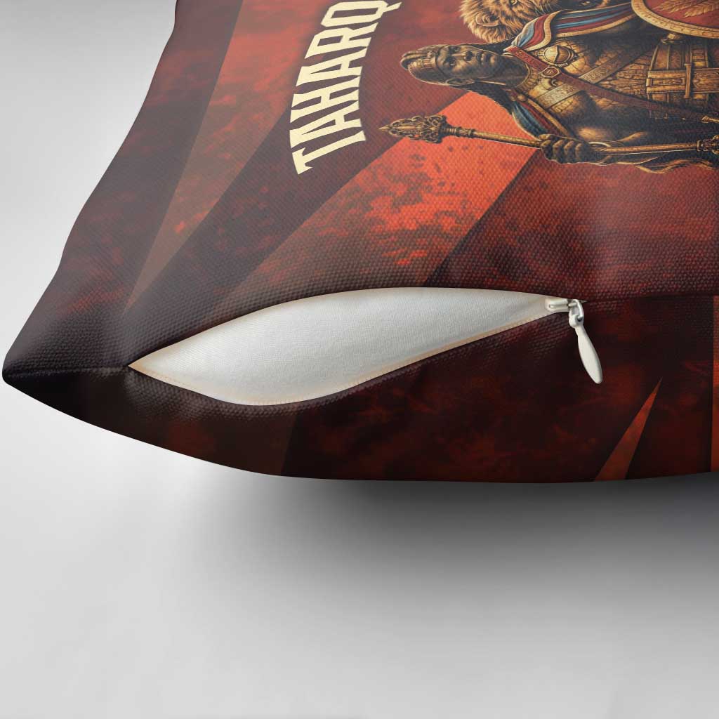 Taharqa Pillow Cover with Warrior Portrait, Lion of Kush Title and Bold Red Defender of Africa - African Pride