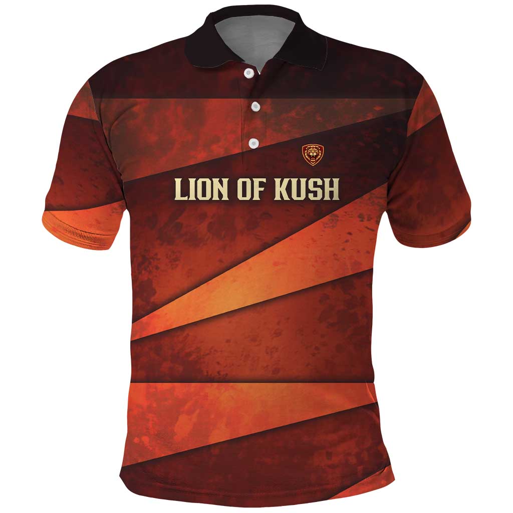 Taharqa Polo Shirt with Warrior Portrait, Lion of Kush Title and Bold Red Defender of Africa - African Pride