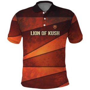 Taharqa Polo Shirt with Warrior Portrait, Lion of Kush Title and Bold Red Defender of Africa - African Pride