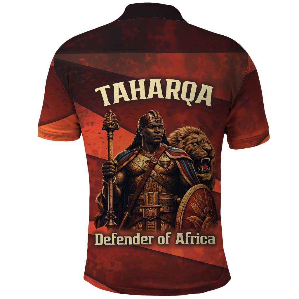 Taharqa Polo Shirt with Warrior Portrait, Lion of Kush Title and Bold Red Defender of Africa - African Pride