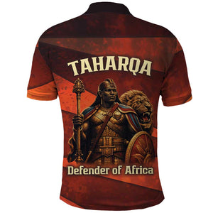 Taharqa Polo Shirt with Warrior Portrait, Lion of Kush Title and Bold Red Defender of Africa - African Pride