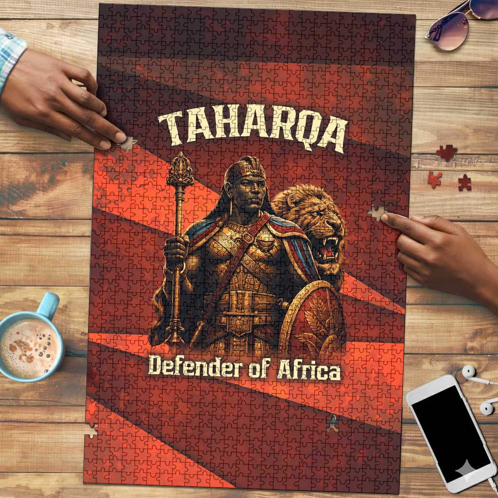 Taharqa Puzzle with Warrior Portrait, Lion of Kush Title and Bold Red Defender of Africa - African Pride