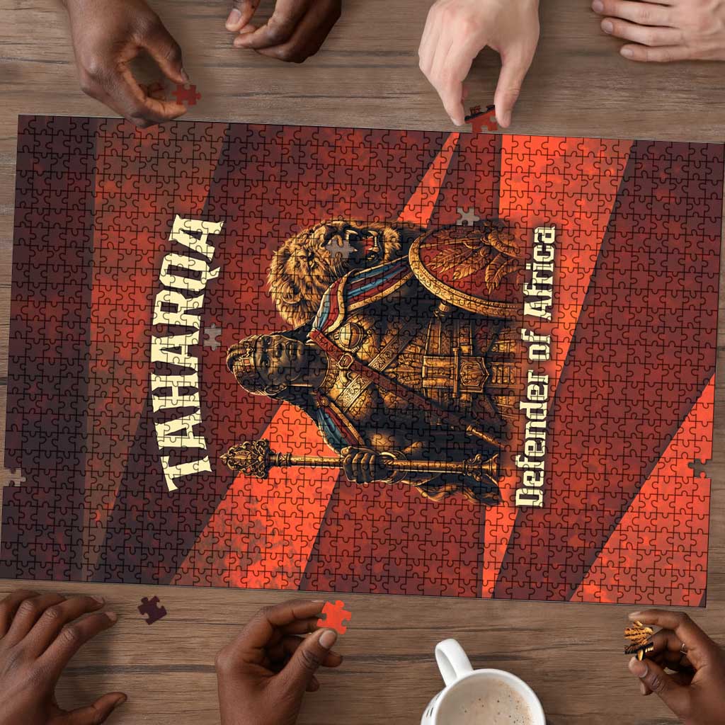 Taharqa Puzzle with Warrior Portrait, Lion of Kush Title and Bold Red Defender of Africa - African Pride
