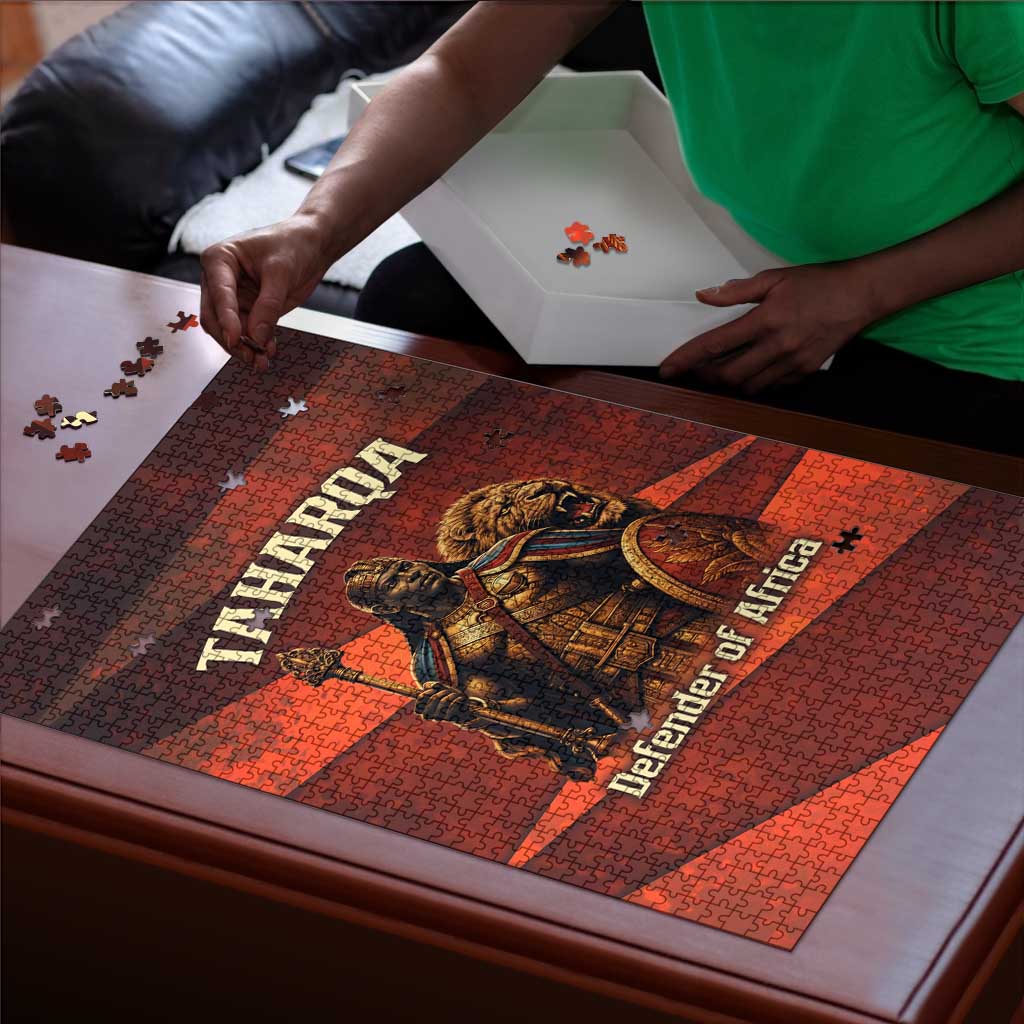 Taharqa Puzzle with Warrior Portrait, Lion of Kush Title and Bold Red Defender of Africa - African Pride