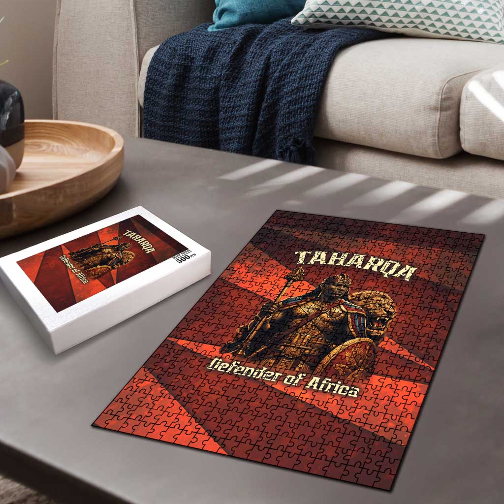 Taharqa Puzzle with Warrior Portrait, Lion of Kush Title and Bold Red Defender of Africa - African Pride