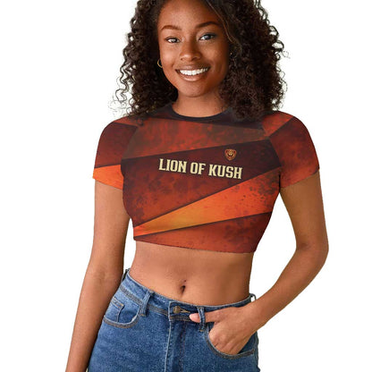 Taharqa Raglan Cropped T shirt with Warrior Portrait, Lion of Kush Title and Bold Red Defender of Africa - African Pride