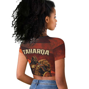 Taharqa Raglan Cropped T shirt with Warrior Portrait, Lion of Kush Title and Bold Red Defender of Africa - African Pride
