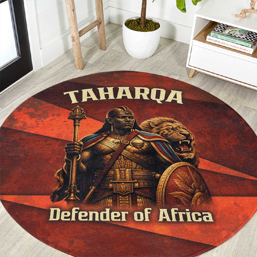 Taharqa Round Carpet with Warrior Portrait, Lion of Kush Title and Bold Red Defender of Africa - African Pride
