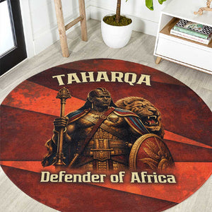 Taharqa Round Carpet with Warrior Portrait, Lion of Kush Title and Bold Red Defender of Africa - African Pride