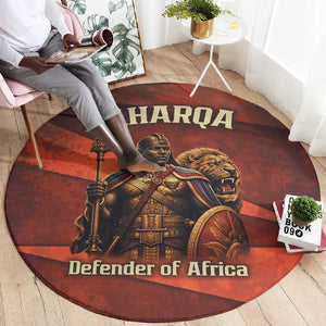 Taharqa Round Carpet with Warrior Portrait, Lion of Kush Title and Bold Red Defender of Africa - African Pride