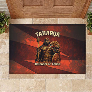 Taharqa Rubber Doormat with Warrior Portrait, Lion of Kush Title and Bold Red Defender of Africa - African Pride