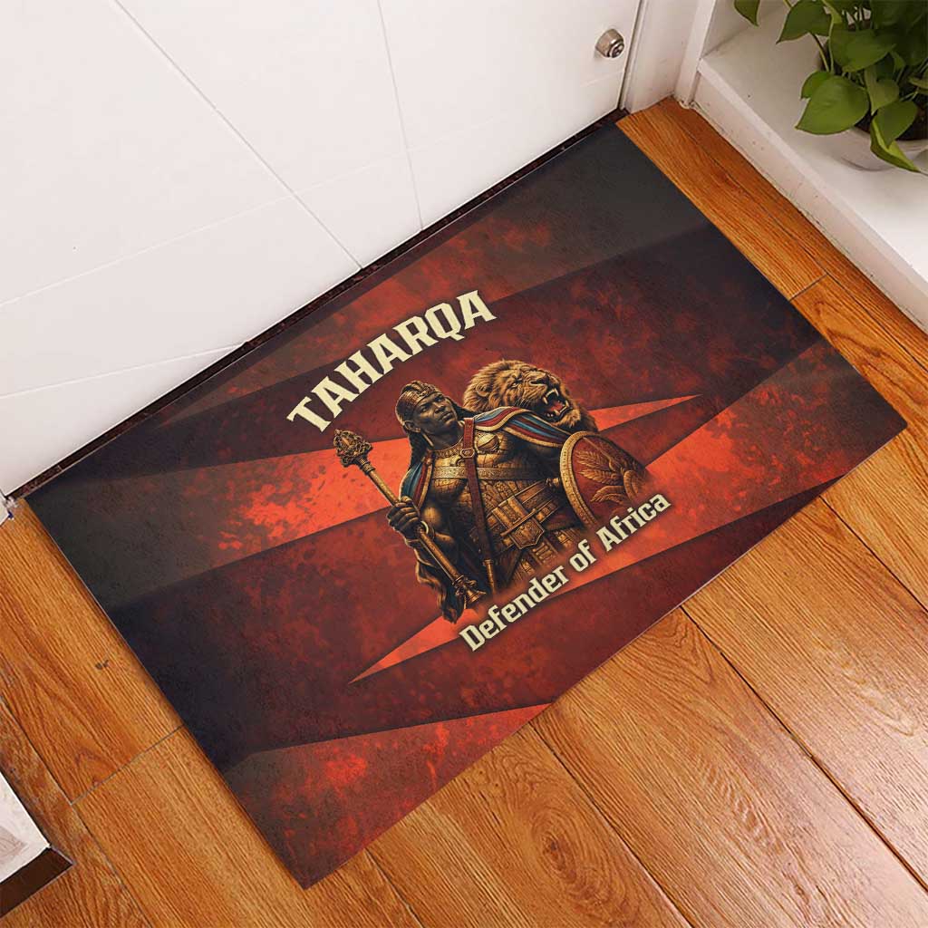 Taharqa Rubber Doormat with Warrior Portrait, Lion of Kush Title and Bold Red Defender of Africa - African Pride
