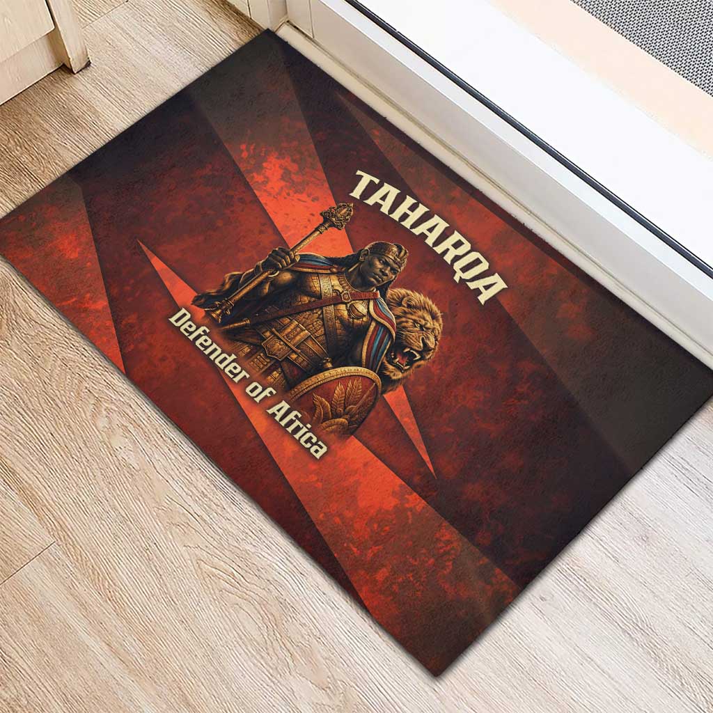 Taharqa Rubber Doormat with Warrior Portrait, Lion of Kush Title and Bold Red Defender of Africa - African Pride