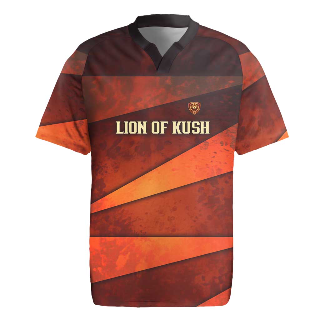 Taharqa Rugby Jersey with Warrior Portrait, Lion of Kush Title and Bold Red Defender of Africa - African Pride