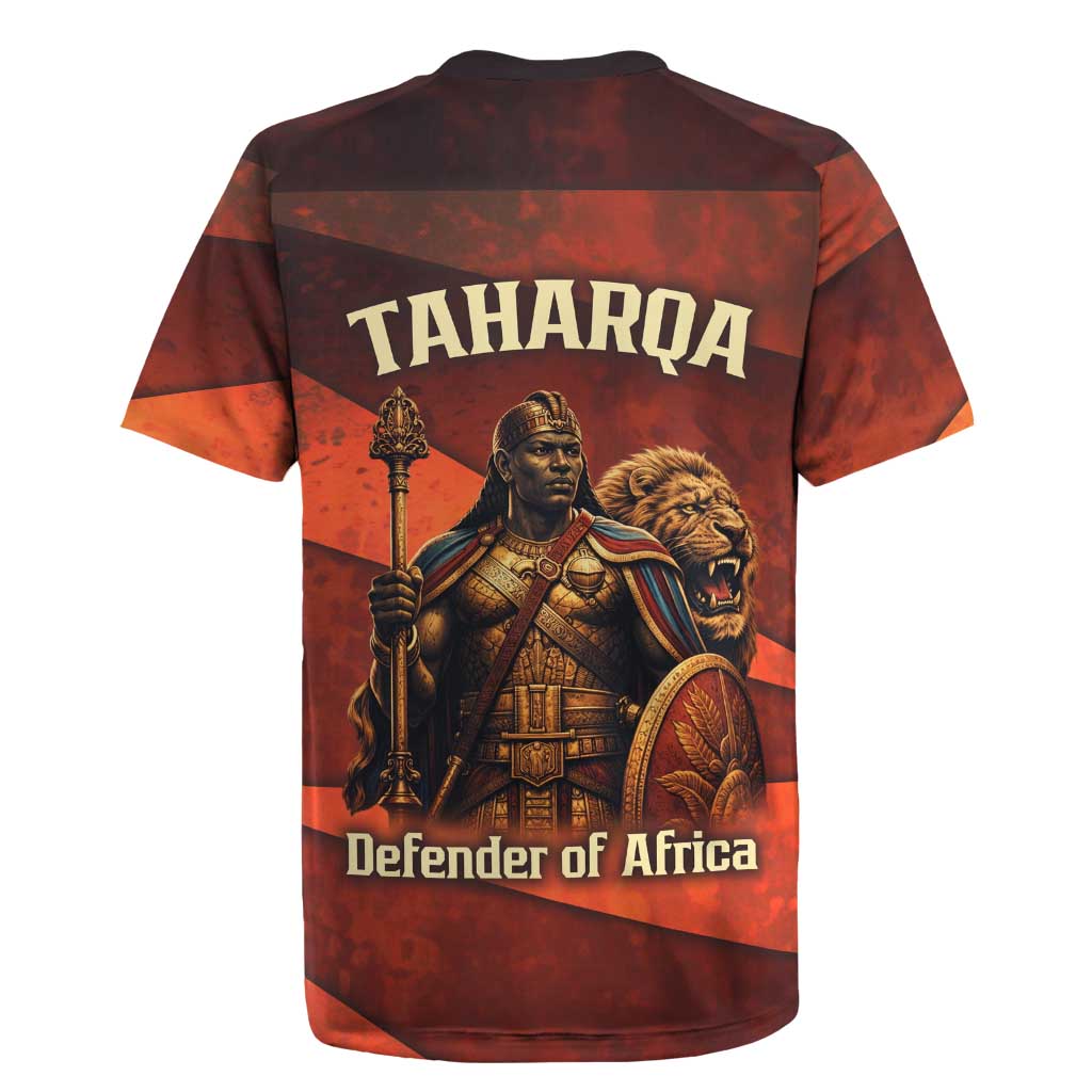 Taharqa Rugby Jersey with Warrior Portrait, Lion of Kush Title and Bold Red Defender of Africa - African Pride