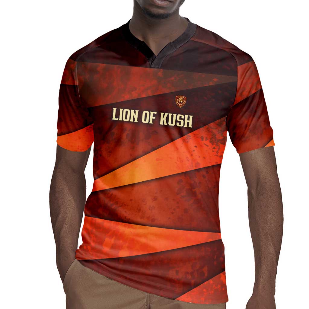 Taharqa Rugby Jersey with Warrior Portrait, Lion of Kush Title and Bold Red Defender of Africa - African Pride
