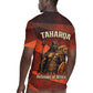 Taharqa Rugby Jersey with Warrior Portrait, Lion of Kush Title and Bold Red Defender of Africa - African Pride