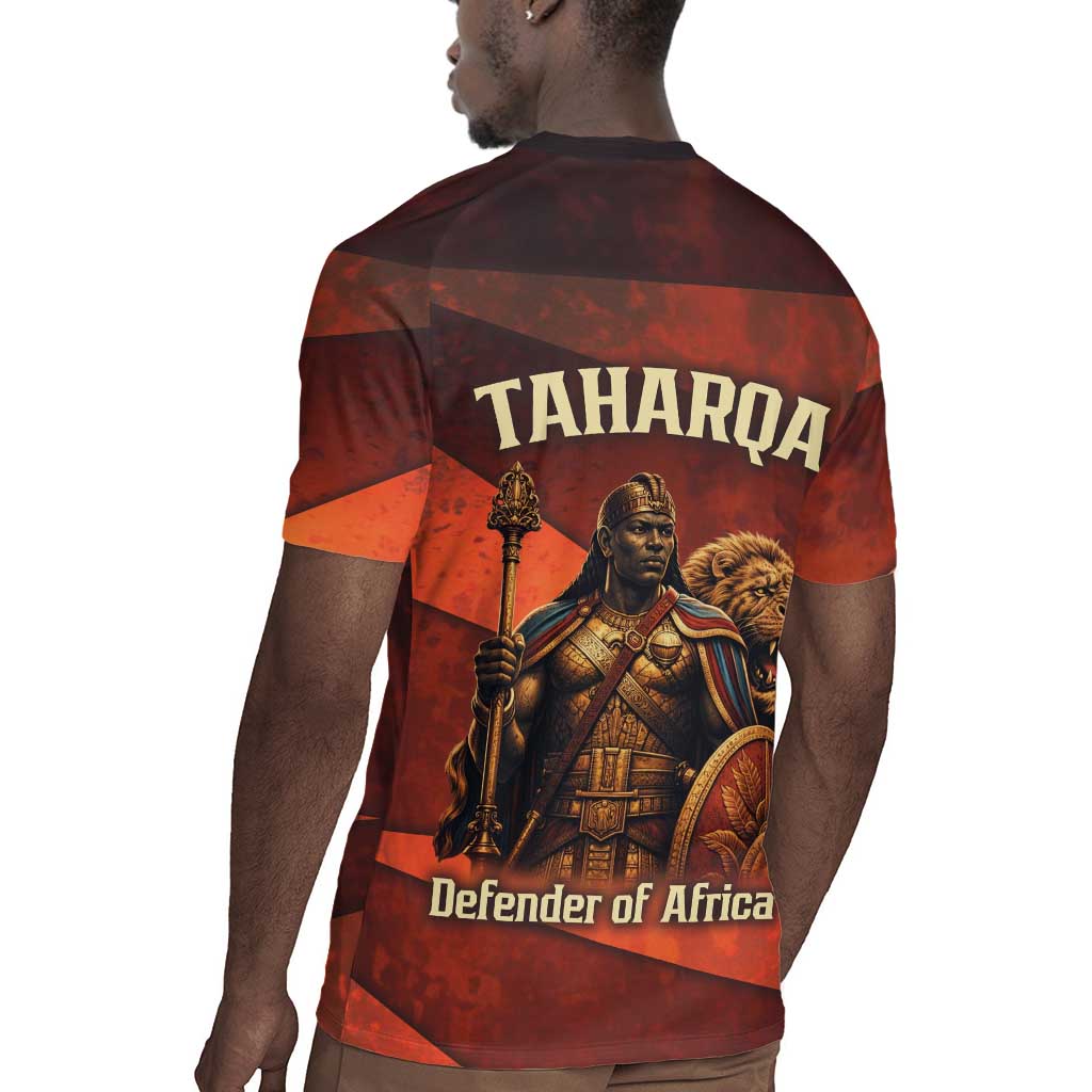 Taharqa Rugby Jersey with Warrior Portrait, Lion of Kush Title and Bold Red Defender of Africa - African Pride