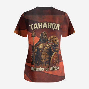 Taharqa Scrub Top with Warrior Portrait, Lion of Kush Title and Bold Red Defender of Africa - African Pride