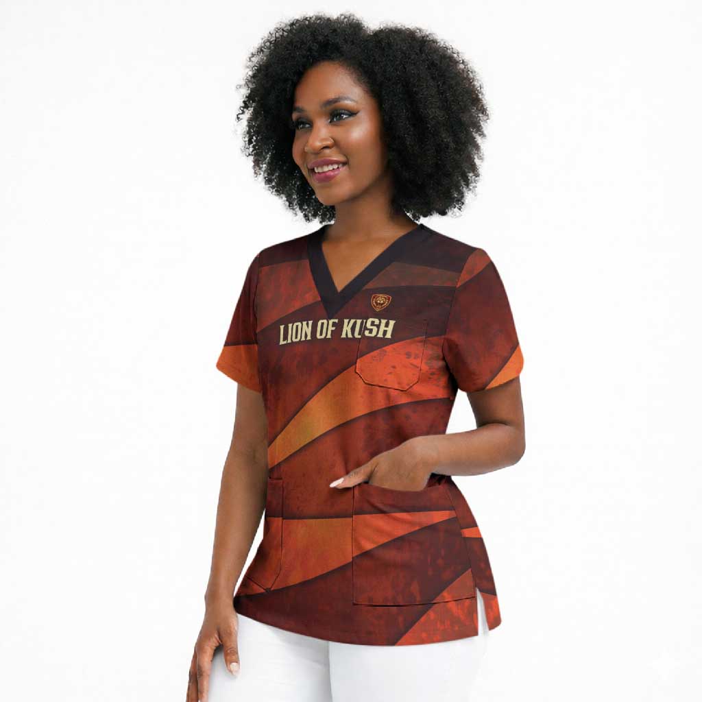 Taharqa Scrub Top with Warrior Portrait, Lion of Kush Title and Bold Red Defender of Africa - African Pride