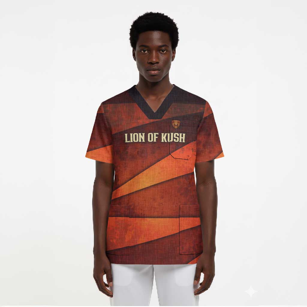 Taharqa Scrub Top with Warrior Portrait, Lion of Kush Title and Bold Red Defender of Africa - African Pride