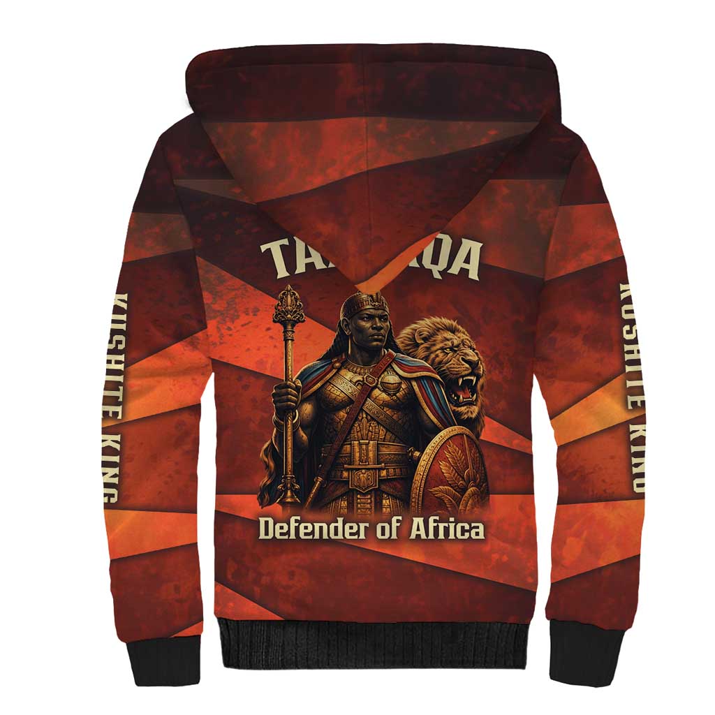 Taharqa Sherpa Hoodie with Warrior Portrait, Lion of Kush Title and Bold Red Defender of Africa - African Pride