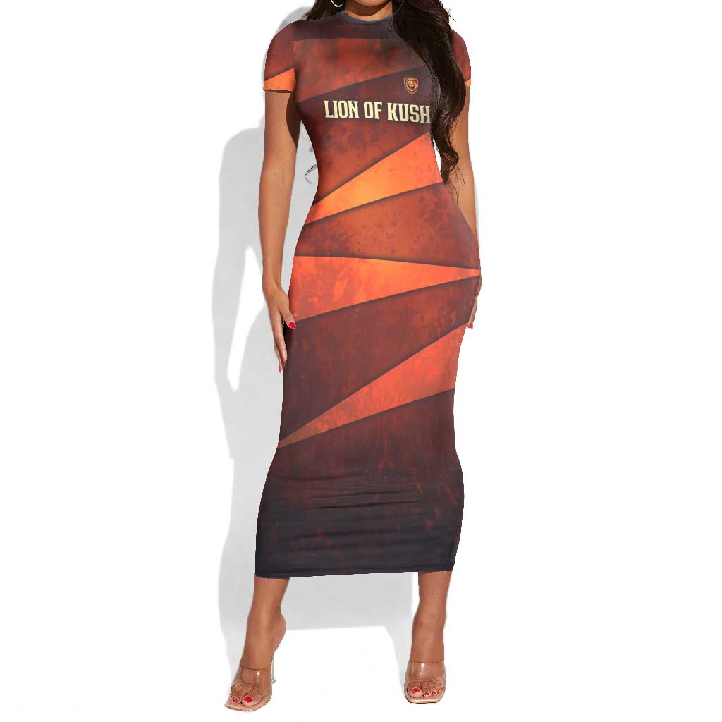 Taharqa Short Sleeve Bodycon Dress with Warrior Portrait, Lion of Kush Title and Bold Red Defender of Africa - African Pride