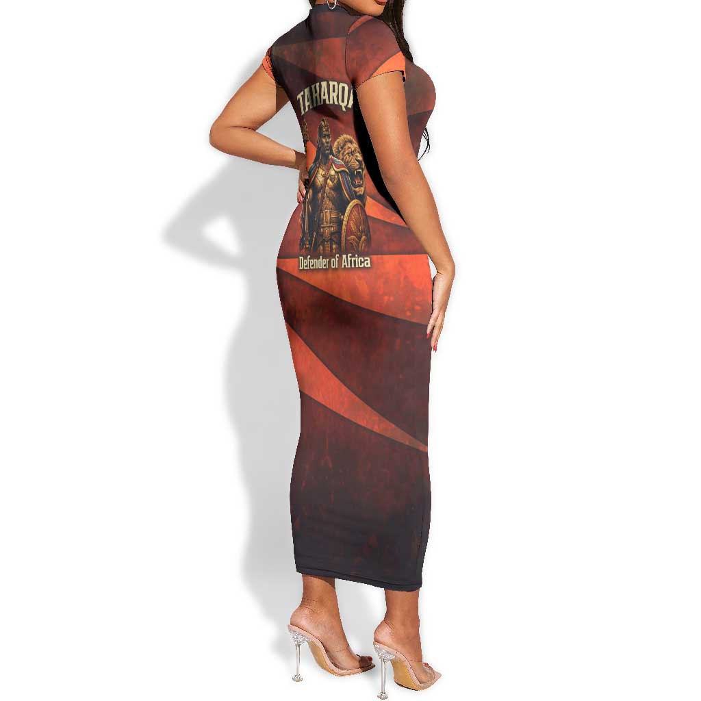 Taharqa Short Sleeve Bodycon Dress with Warrior Portrait, Lion of Kush Title and Bold Red Defender of Africa - African Pride
