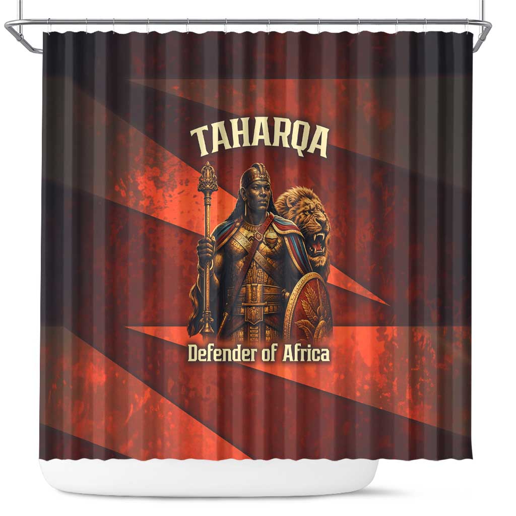 Taharqa Shower Curtain with Warrior Portrait, Lion of Kush Title and Bold Red Defender of Africa - African Pride