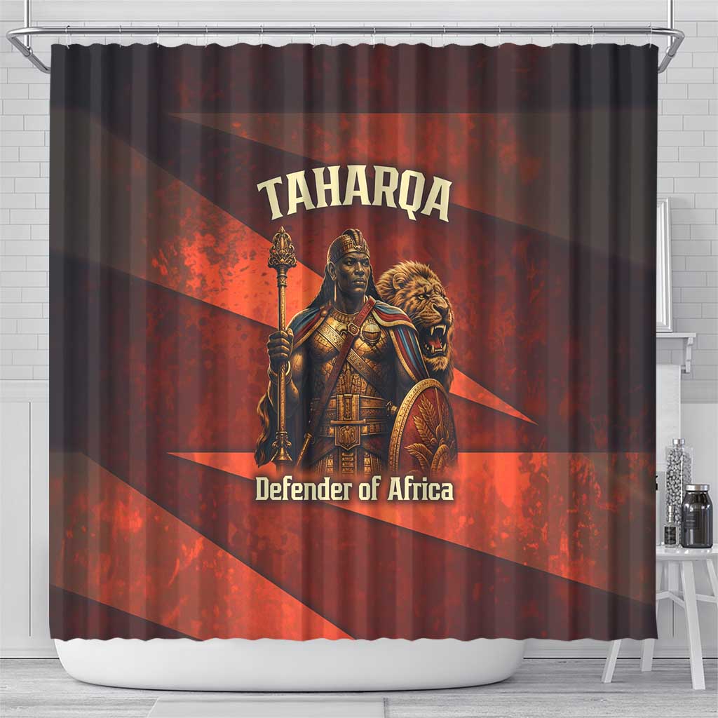 Taharqa Shower Curtain with Warrior Portrait, Lion of Kush Title and Bold Red Defender of Africa - African Pride